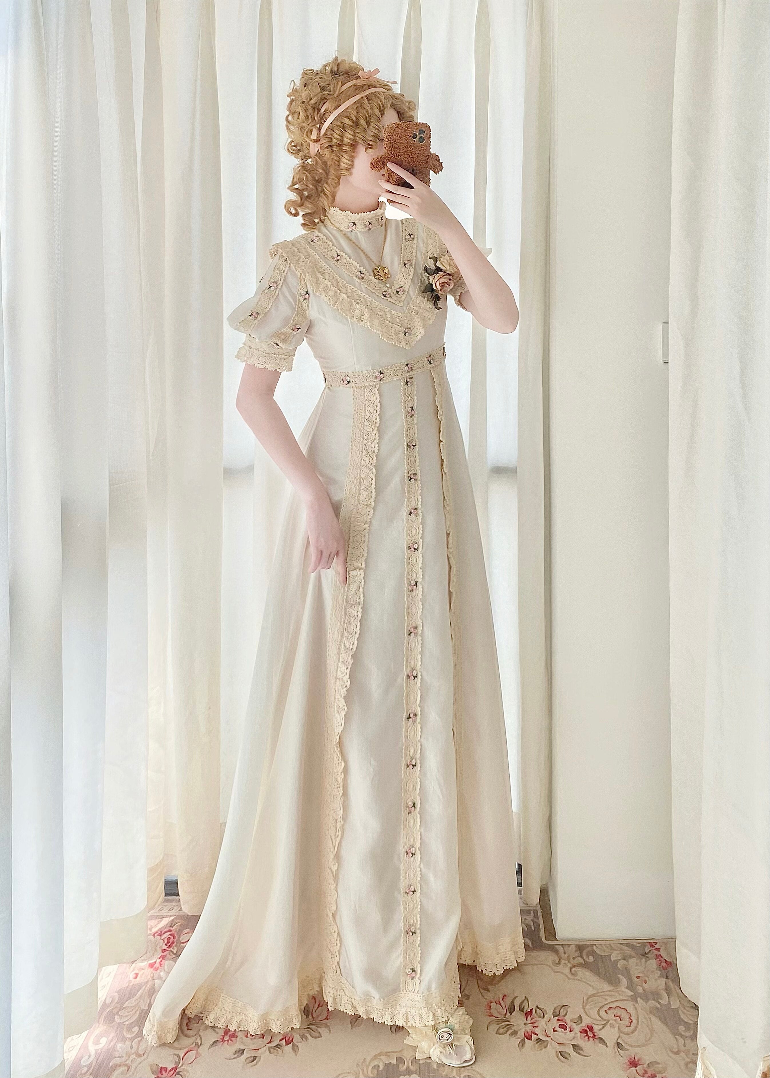 Short Puff Sleeve Empire Waist Lace Dress