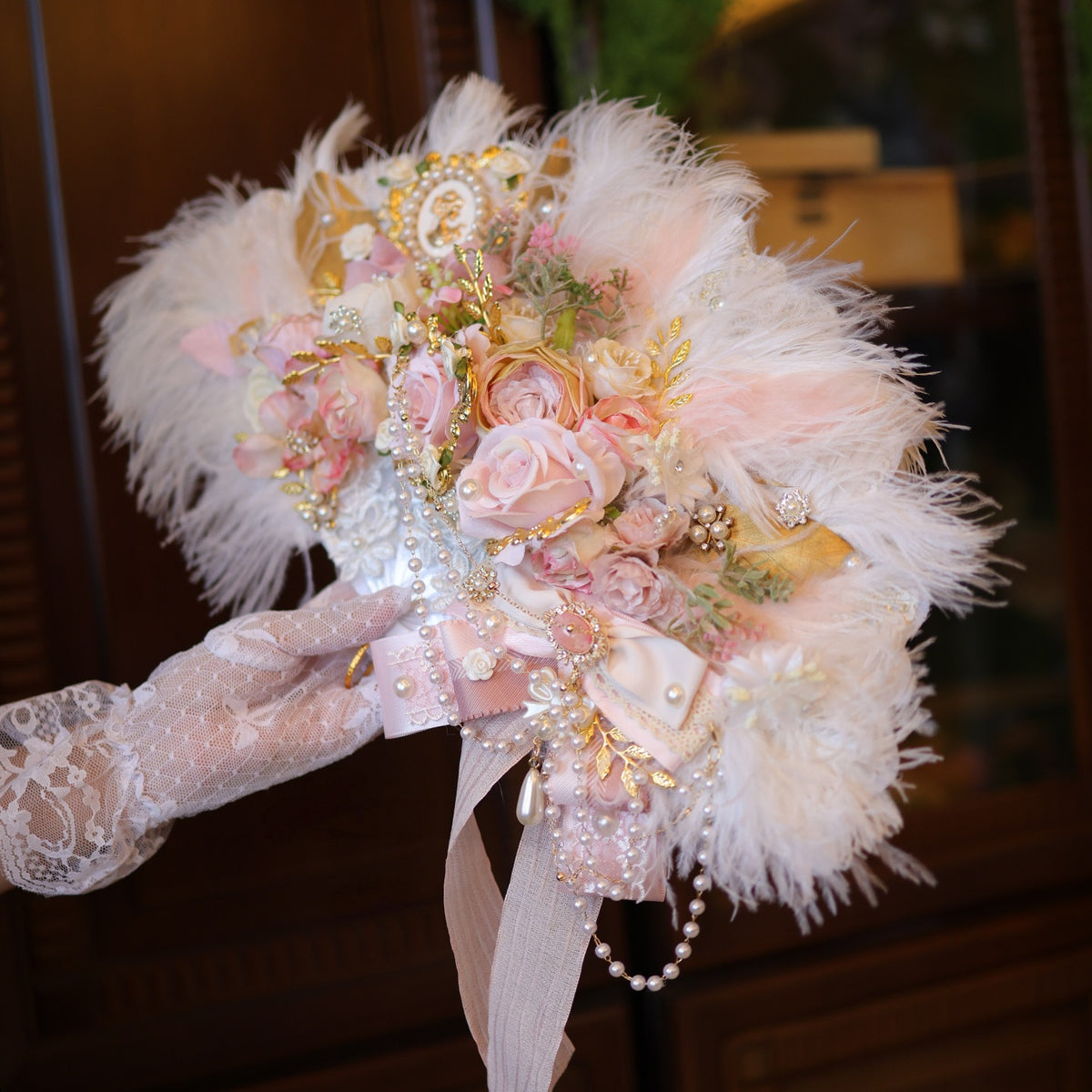 Lolita Handmade Rococo Bridal Tea Party Ostrich Feather Fan