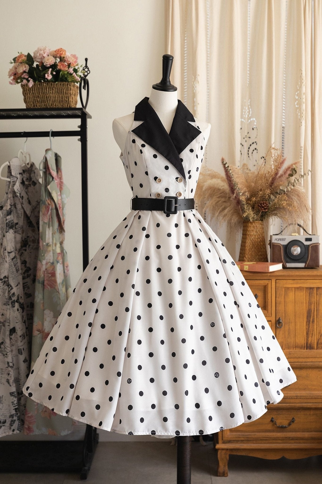 Afternoon Forest French Hepburn - Style Dress 1256 - LolitaEraWhite With Polka DotsSAfternoon Forest French Hepburn - Style Dress 1256