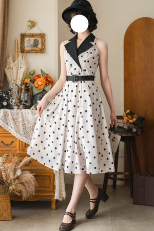 Afternoon Forest French Hepburn - Style Dress 1256 - LolitaEraWhite With Polka DotsSAfternoon Forest French Hepburn - Style Dress 1256