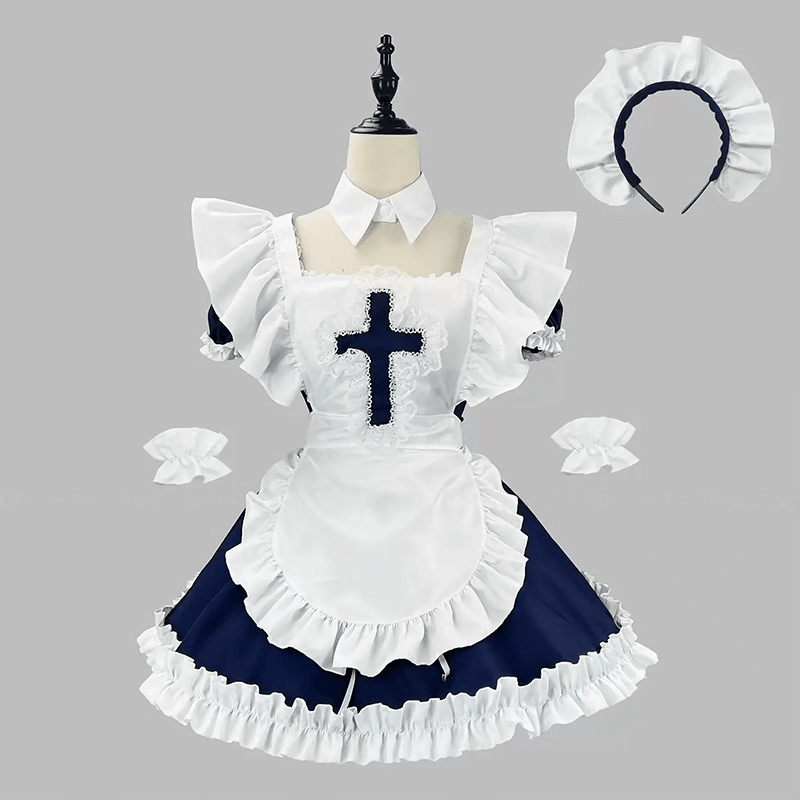 Angel Covenant Cute Cross Maid Lolita Dress - LolitaEraMaid Set + White Thigh - high Socks + PetticoatSBlueAngel Covenant Cute Cross Maid Lolita Dress