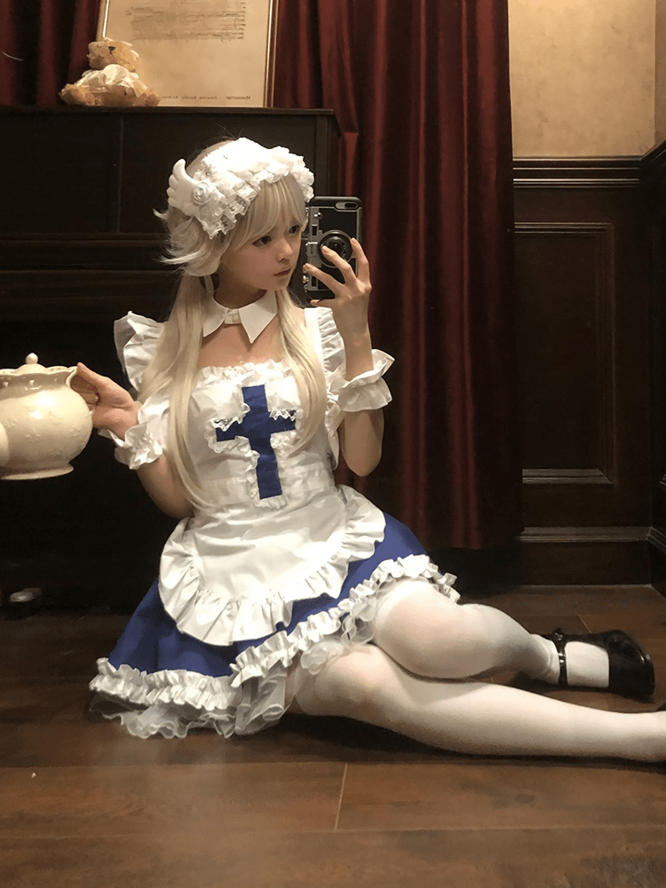 Angel Covenant Cute Cross Maid Lolita Dress - LolitaEraMaid Set + White Thigh - high Socks + PetticoatSBlueAngel Covenant Cute Cross Maid Lolita Dress