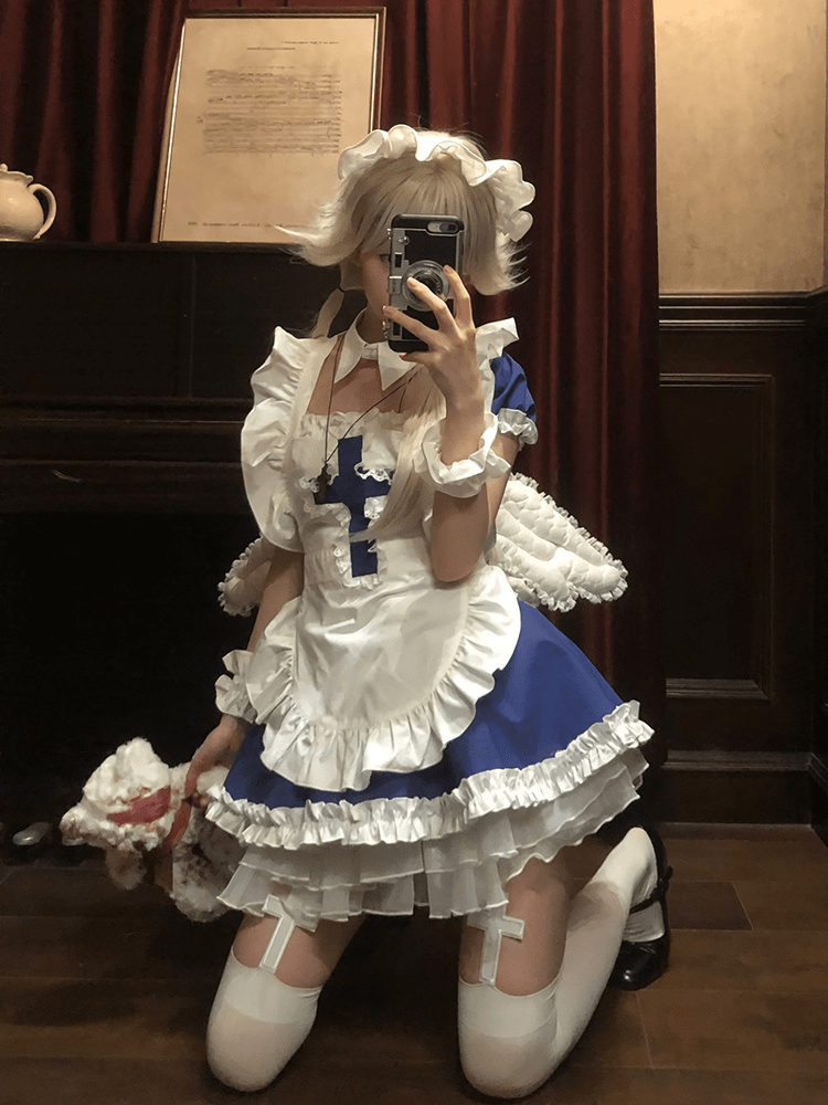 Angel Covenant Cute Cross Maid Lolita Dress - LolitaEraMaid Set + White Thigh - high Socks + PetticoatSBlueAngel Covenant Cute Cross Maid Lolita Dress