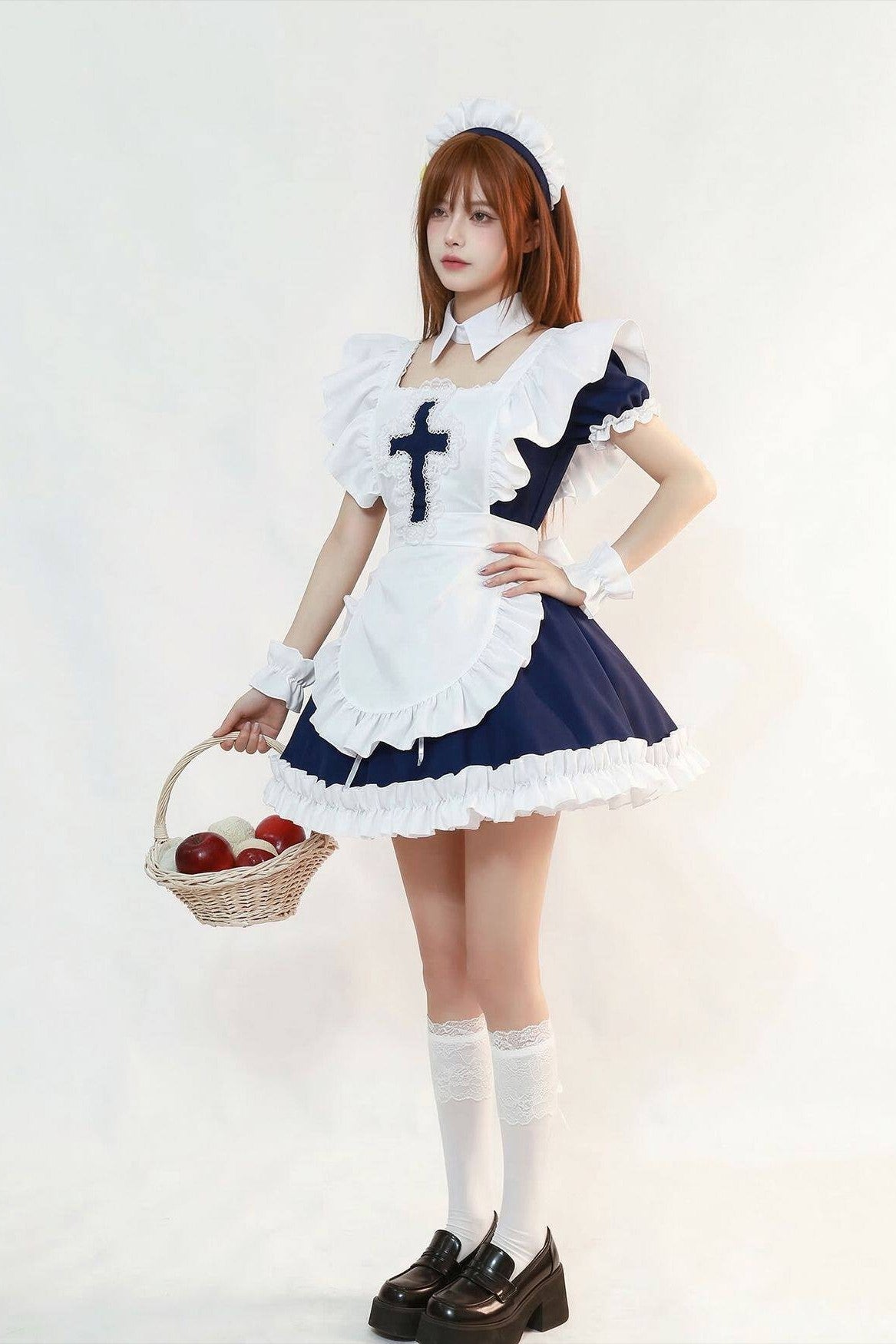 Angel Covenant Cute Cross Maid Lolita Dress - LolitaEraMaid Set + White Thigh - high Socks + PetticoatSBlueAngel Covenant Cute Cross Maid Lolita Dress