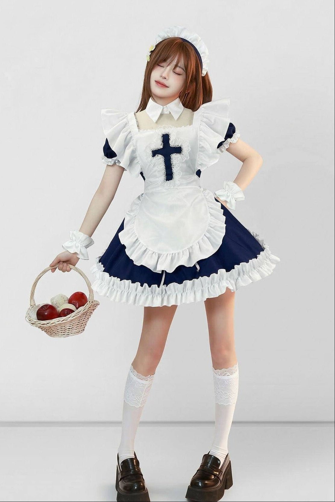 Angel Covenant Cute Cross Maid Lolita Dress - LolitaEraMaid Set + White Thigh - high Socks + PetticoatSBlueAngel Covenant Cute Cross Maid Lolita Dress