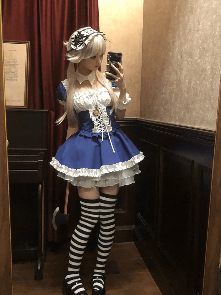 Angel Covenant Cute Cross Maid Lolita Dress - LolitaEraMaid Set + White Thigh - high Socks + PetticoatSBlueAngel Covenant Cute Cross Maid Lolita Dress