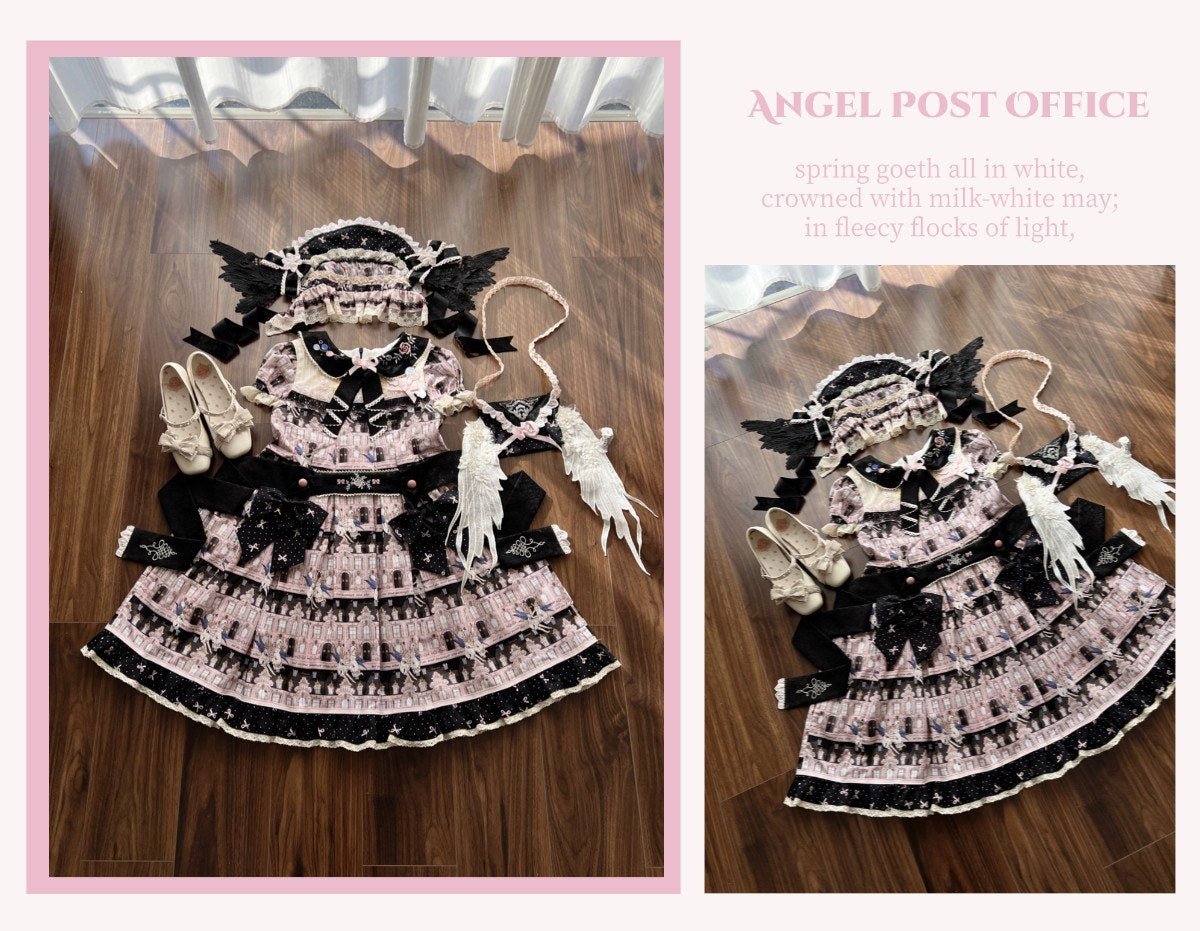 Angel Post Office Print Lolita OP Dress - LolitaEraBlack Pink OPSAngel Post Office Print Lolita OP Dress