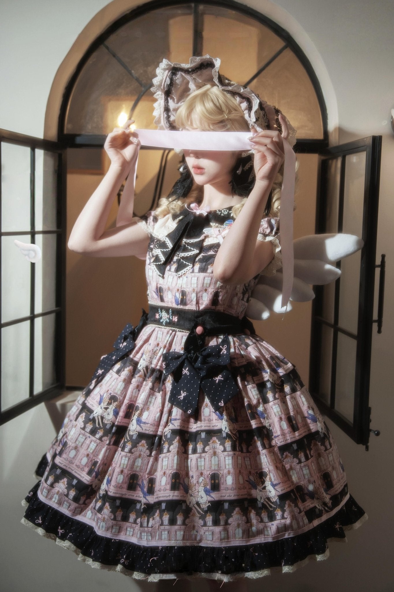 Angel Post Office Print Lolita OP Dress - LolitaEraBlack Pink OPSAngel Post Office Print Lolita OP Dress
