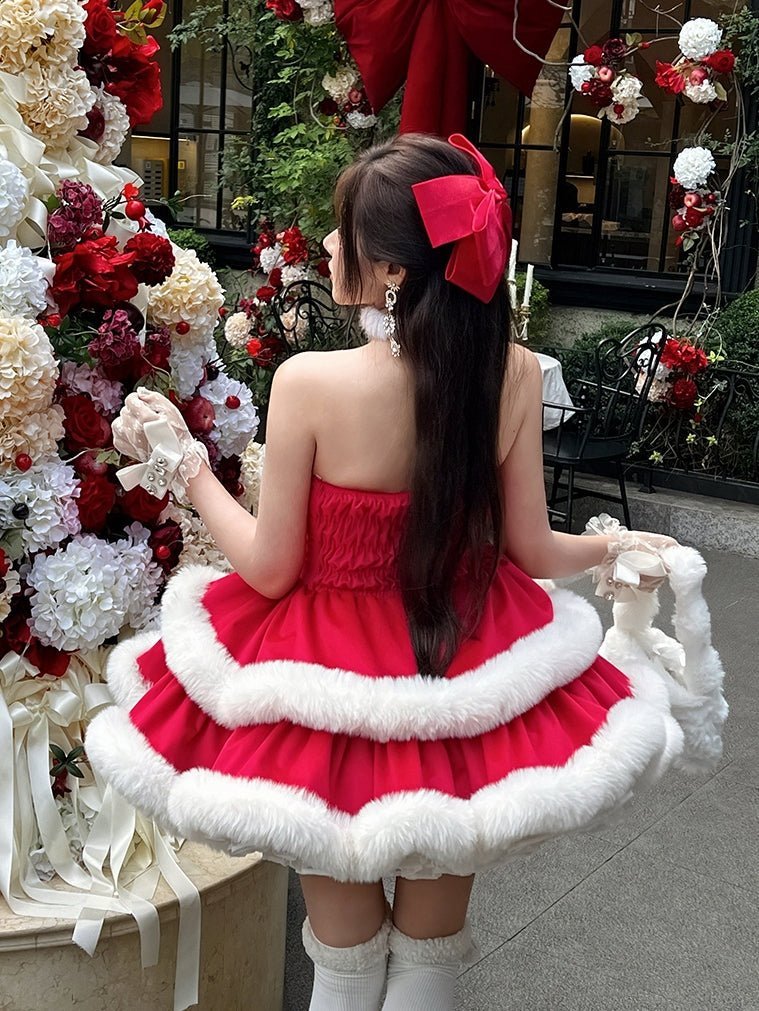 Angora Rabbit Christmas Red Cape Dress - LolitaEra