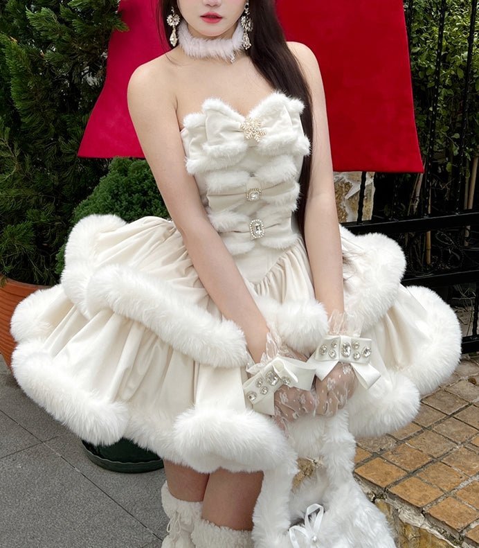 Angora Rabbit Christmas White Cape Dress - LolitaEra