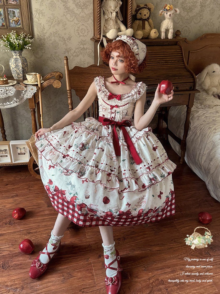 Apple Tea Country Style Lolita Red JSK/OP - LolitaEraApple Tea OPSApple Tea Country Style Lolita Red JSK/OP