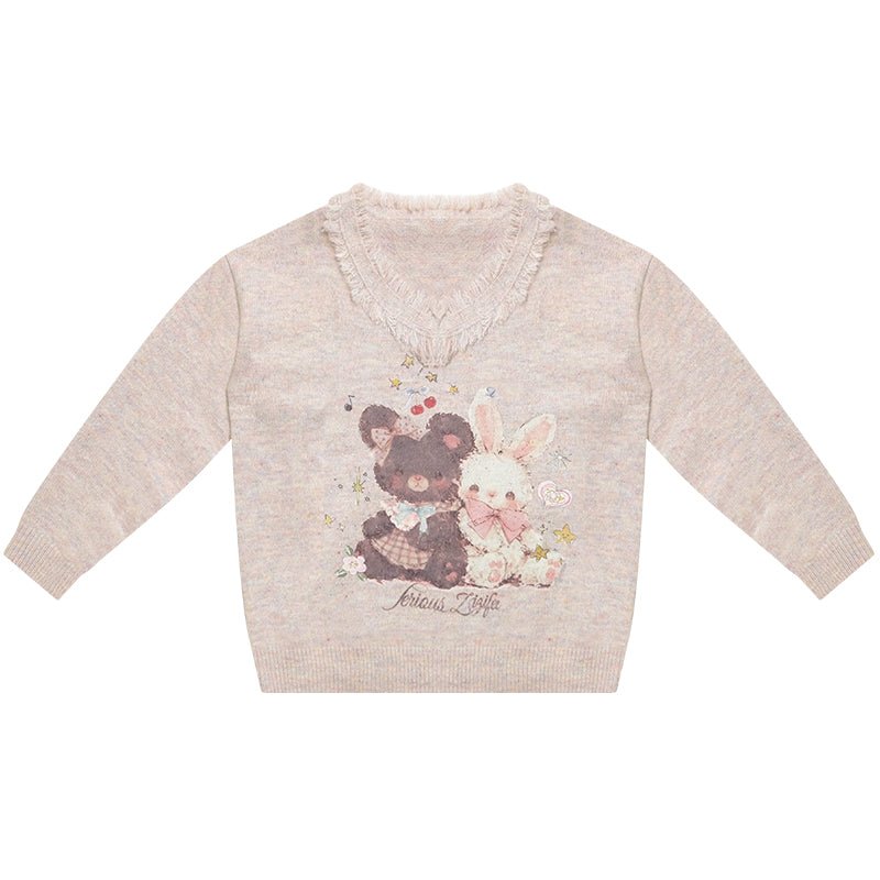 Apricot Frayed V - Neck Bear & Bunny Print Sweater LE1153 - LolitaEraBeigeSApricot Frayed V - Neck Bear & Bunny Print Sweater LE1153