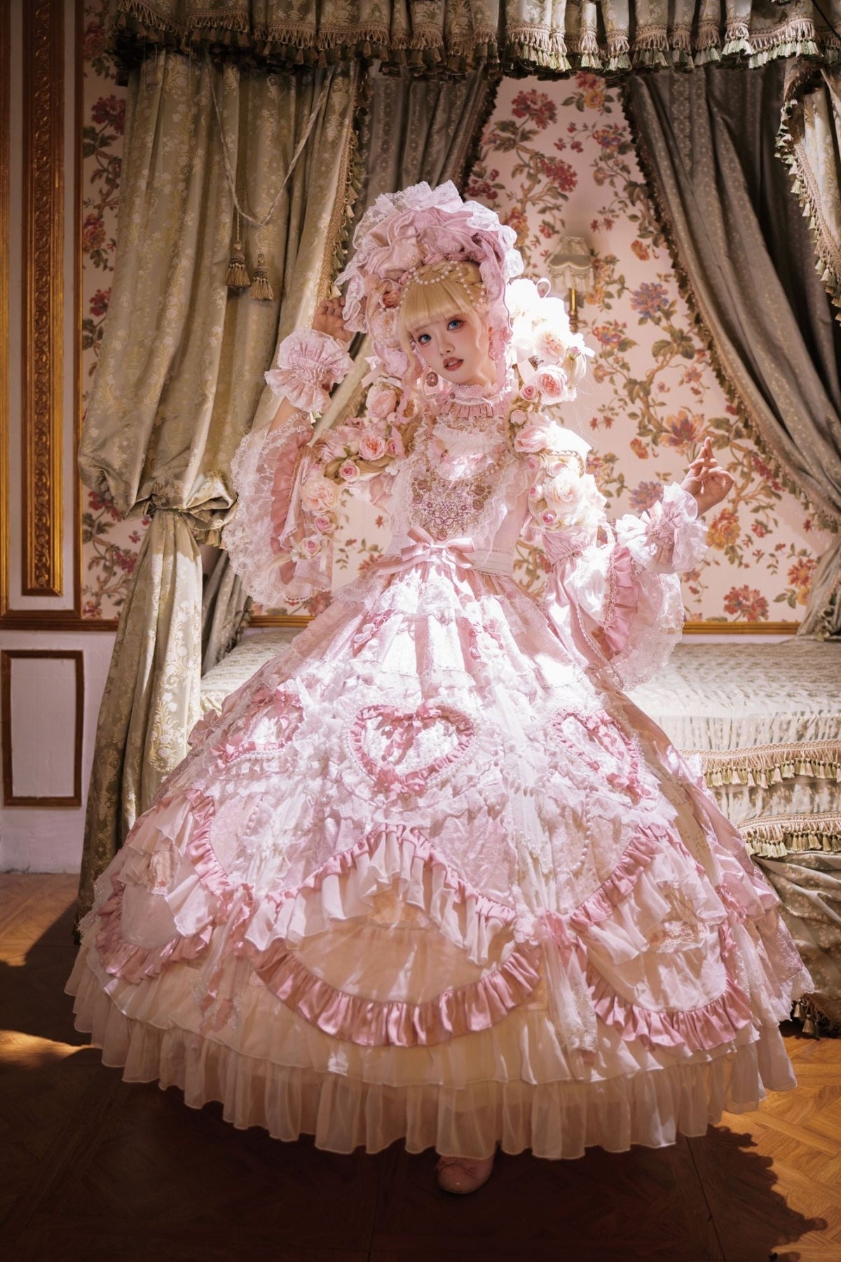 Apricot Tree Special Edition Pink Rose Pearl Bridal Classic Lolita OP Dress - LolitaEra