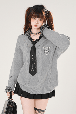 Autumn Preppy Faux Two - Piece Slimming Sweater - LolitaEraGraySAutumn Preppy Faux Two - Piece Slimming Sweater