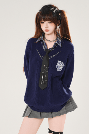 Autumn Preppy Faux Two - Piece Slimming Sweater - LolitaEraGraySAutumn Preppy Faux Two - Piece Slimming Sweater