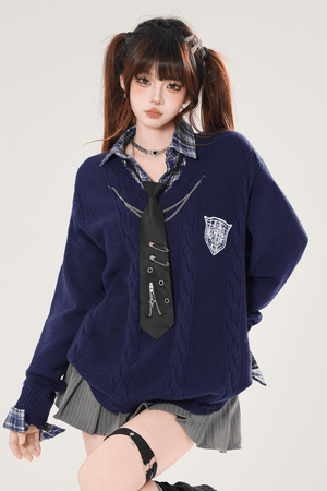 Autumn Preppy Faux Two - Piece Slimming Sweater - LolitaEraNavySAutumn Preppy Faux Two - Piece Slimming Sweater