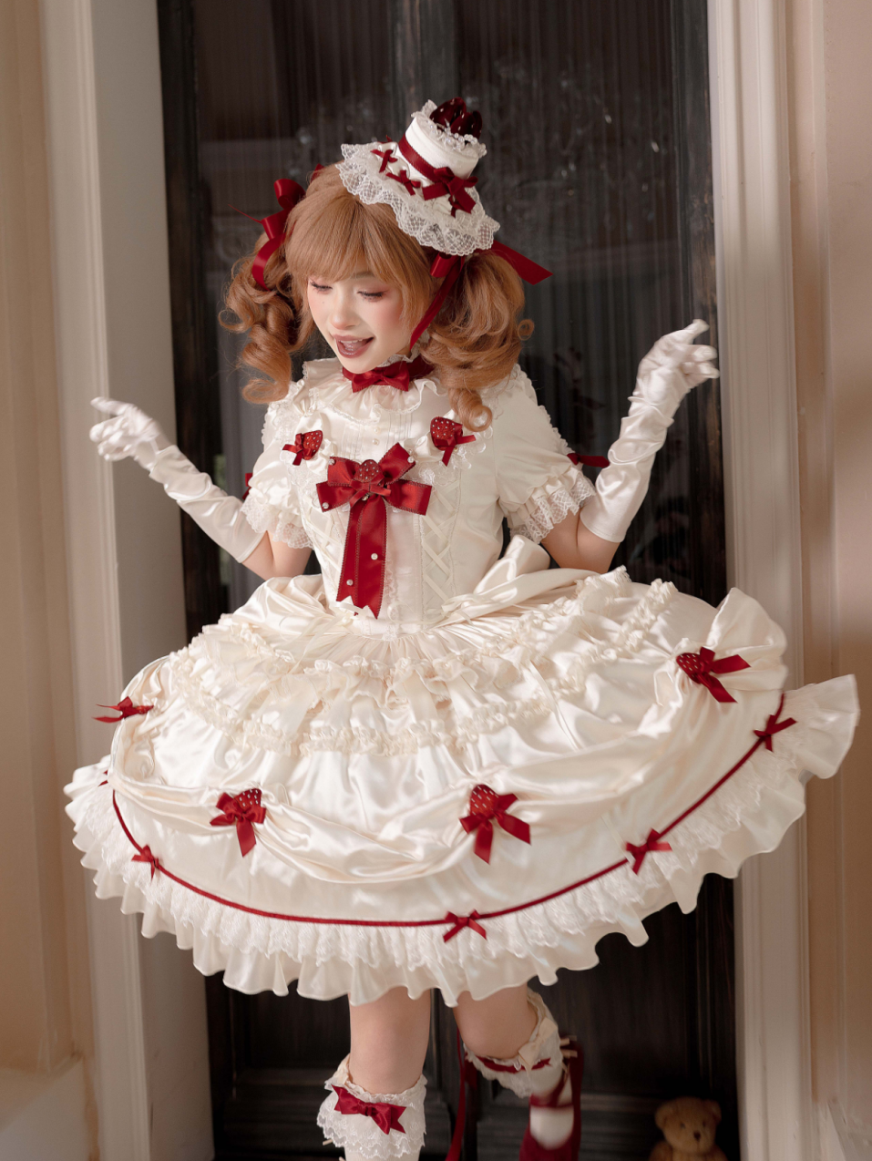 Paria Cream Strawberry Satin Lolita OP Dress