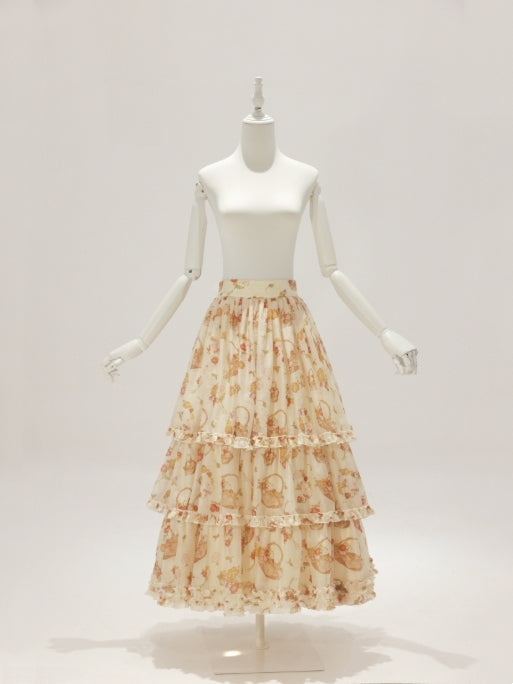 Blossoming Hibiscus Lolita Original Raccoon Sleeve Collar Blouse & Tiered Half Skirt Set