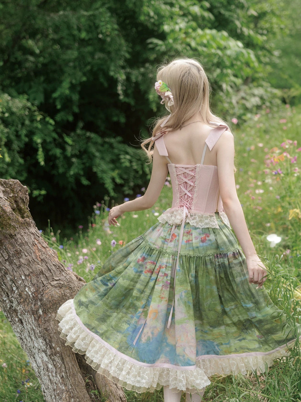 Ensemble Robe et Corset Lolita Classique "Le Jardin de Monet" (Peinture à l'Huile)