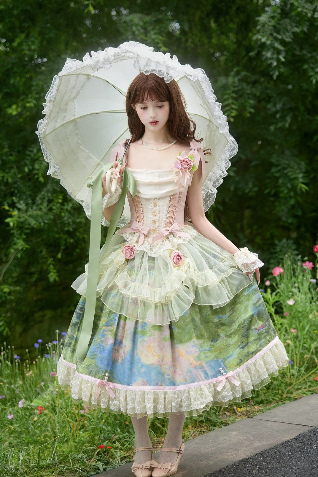 Ensemble Robe et Corset Lolita Classique "Le Jardin de Monet" (Peinture à l'Huile)