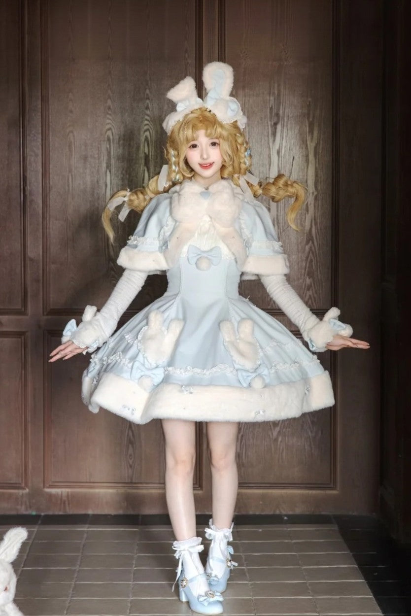 Bunny Ball 1.0 Lolita Winter Doll Style Plush Blue Cape JSK Set