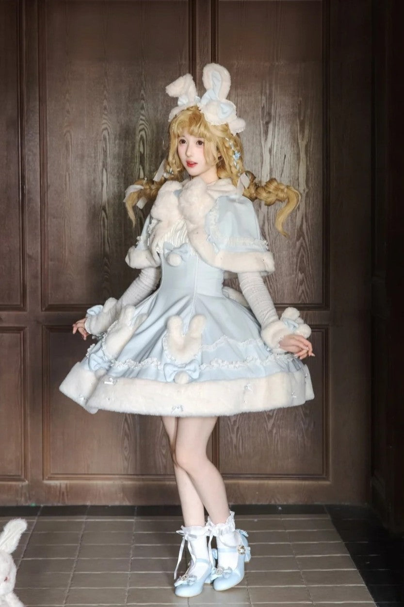 Bunny Ball 1.0 Lolita Winter Doll Style Plush Blue Cape JSK Set