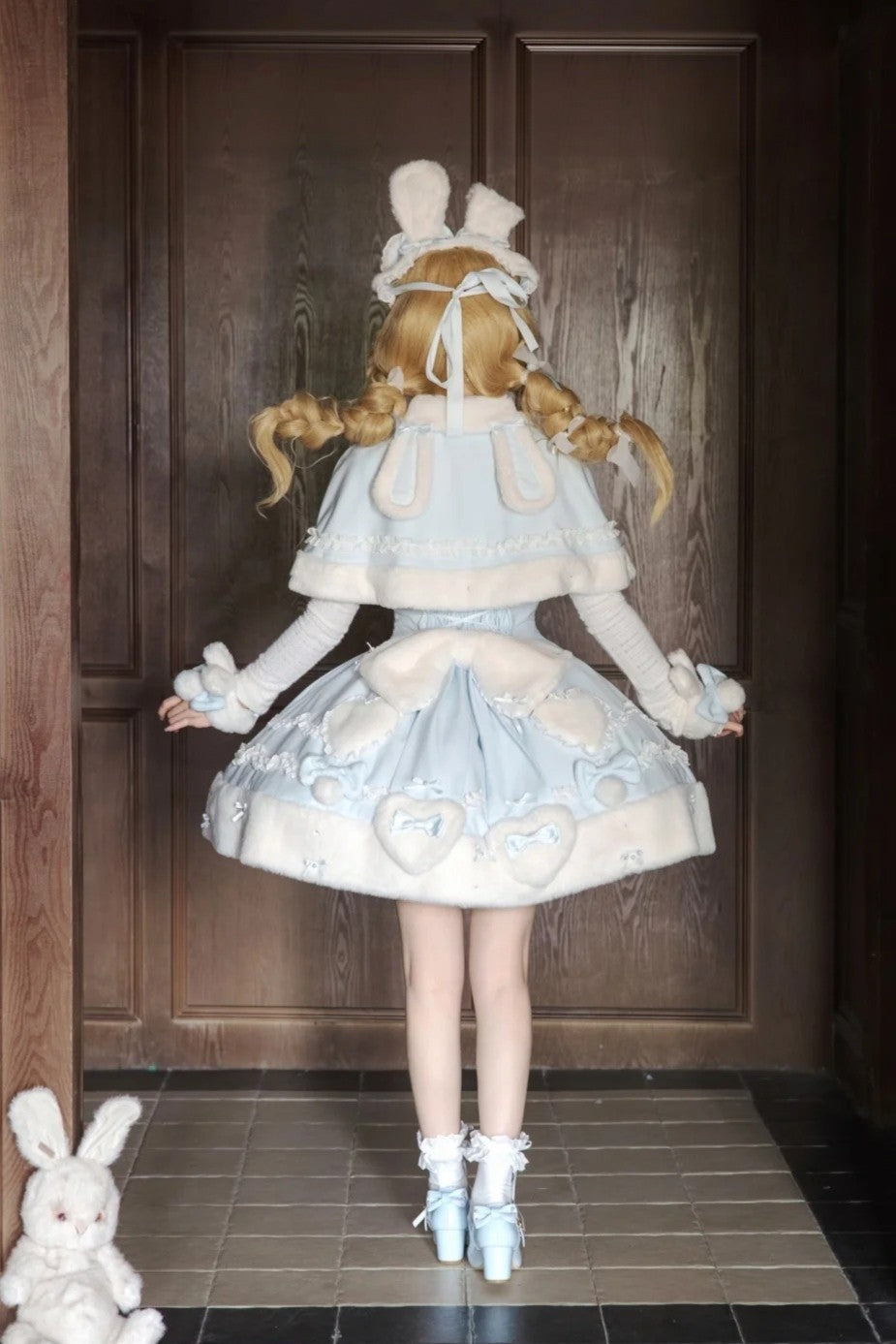 Bunny Ball 1.0 Lolita Winter Doll Style Plush Blue Cape JSK Set