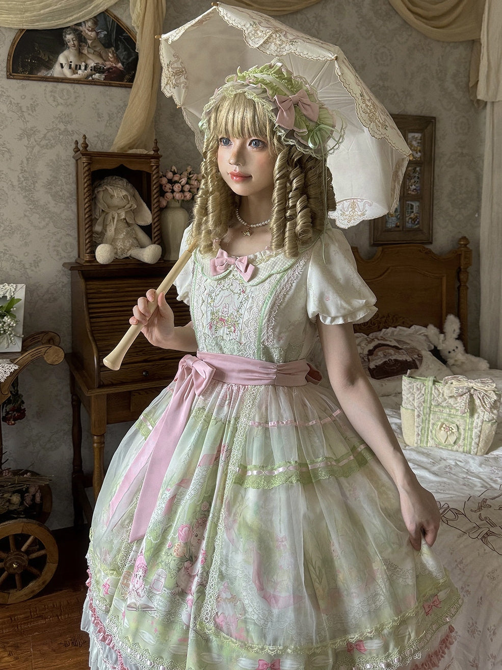 Bamboo Rabbit Pink Green Bunny Floral Print Bow Classic Lolita OP Dress - LolitaEra