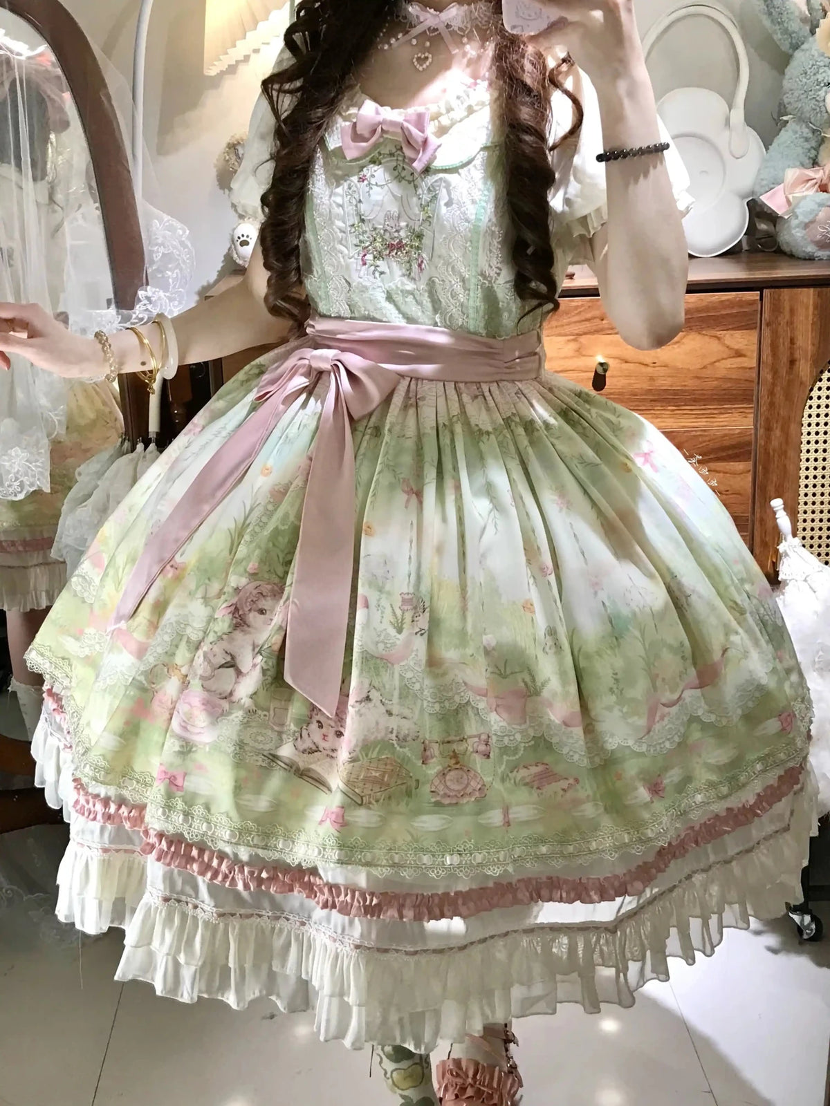 Bamboo Rabbit Pink Green Bunny Floral Print Bow Classic Lolita OP Dress - LolitaEra
