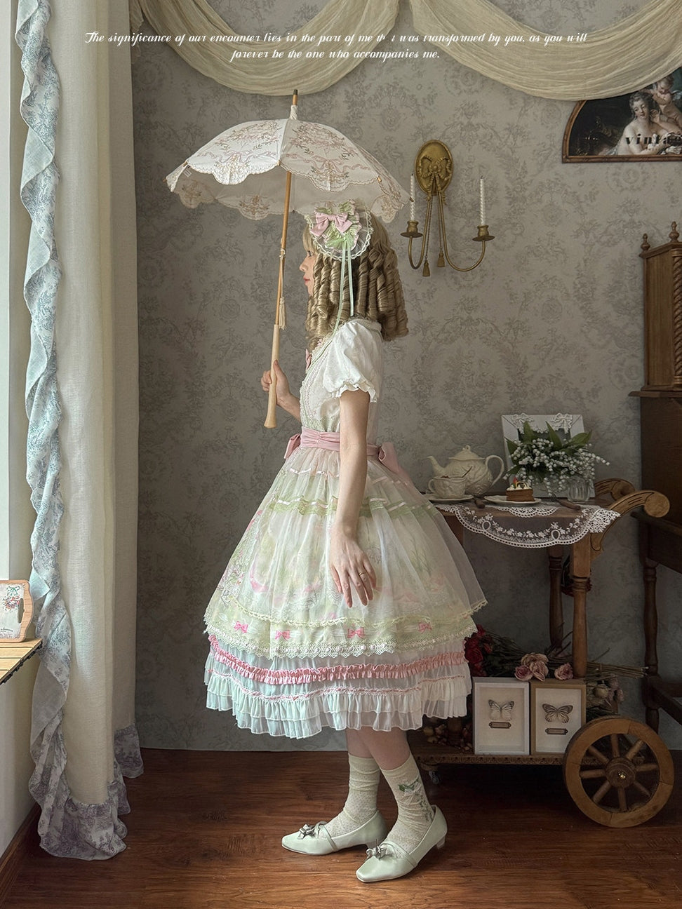 Bamboo Rabbit Pink Green Bunny Floral Print Bow Classic Lolita OP Dress - LolitaEra
