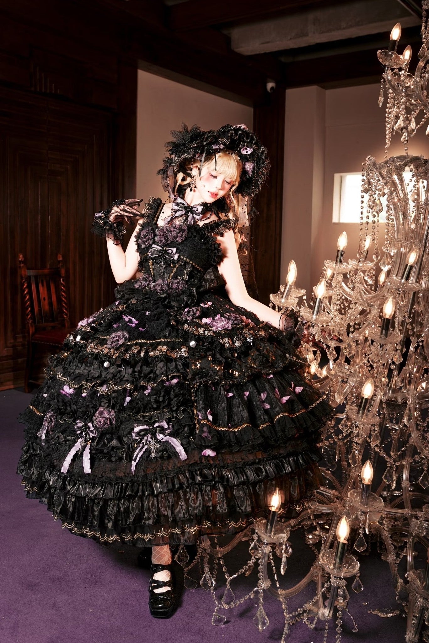 Moonlit Butterfly Dance Black Tiered Gothic Lolita JSK Dress Set