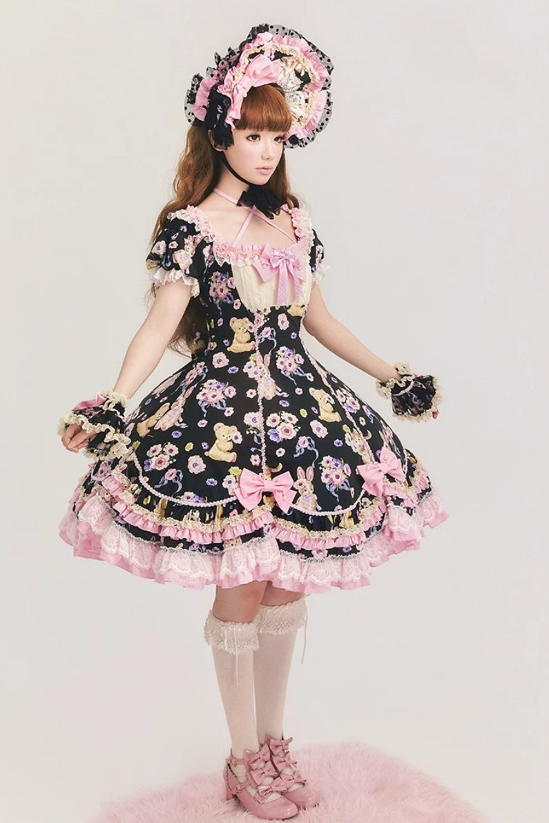 Be My Sweetheart Bear Bunny Floral Print Fitted Sweet Lolita OP Dress - LolitaEra