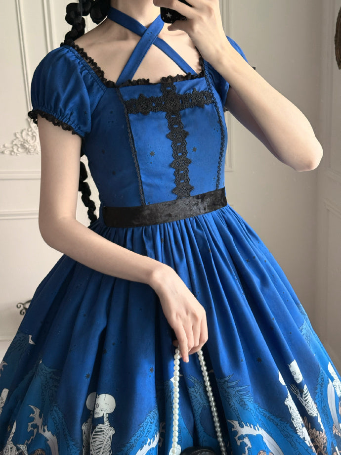 Dragon Bone Lily Lolita Gothic Blue OP Dress