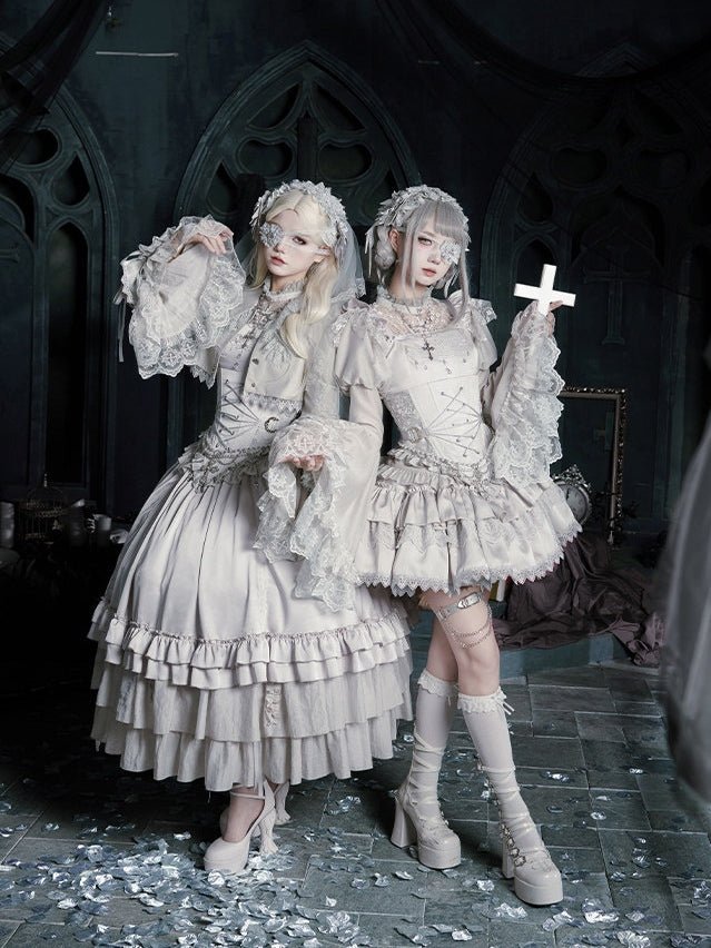 Bionic Humanoid Gothic Lolita Grey Silver Cross Corset Long SK Set - LolitaEra