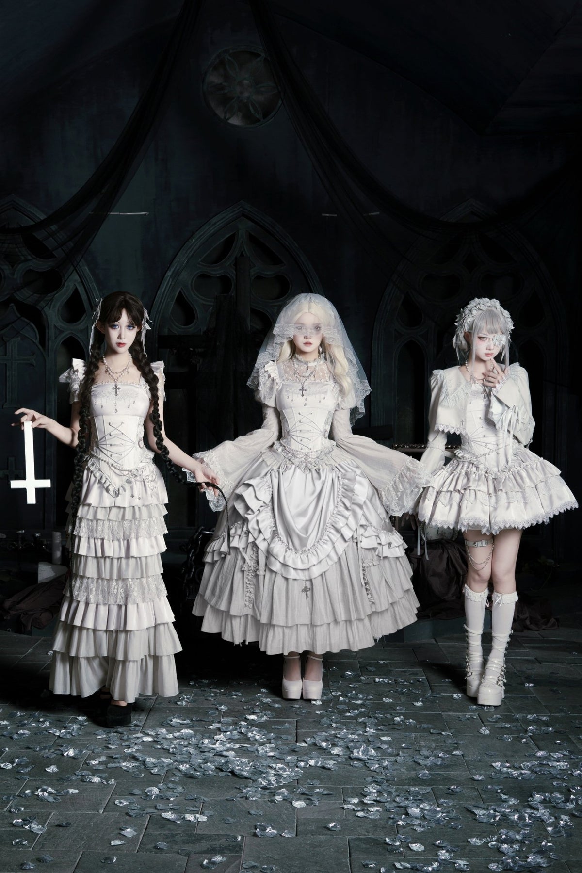 Bionic Humanoid Gothic Lolita Grey Silver Cross Corset Long SK Set - LolitaEra