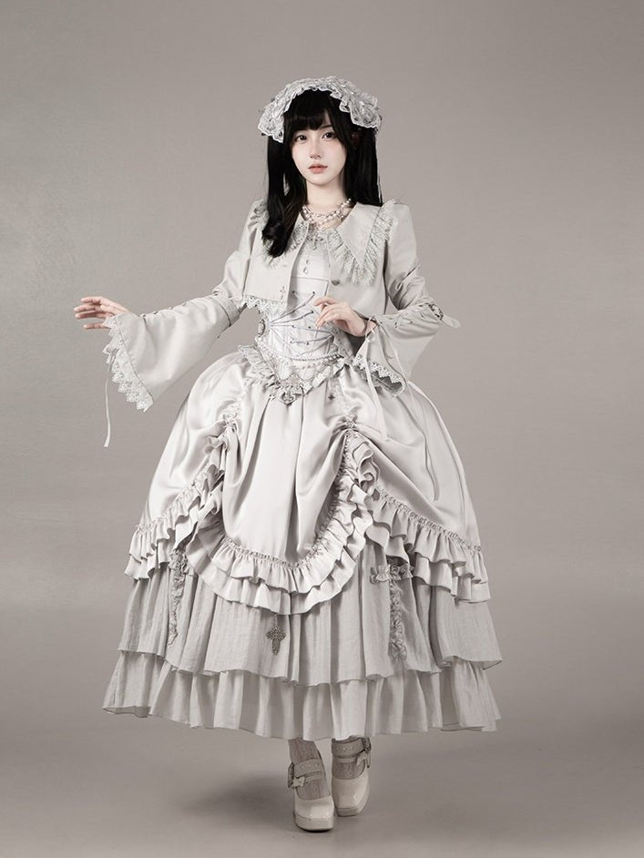 Bionic Humanoid Gothic Lolita Grey Silver Cross Corset Long SK Set - LolitaEra