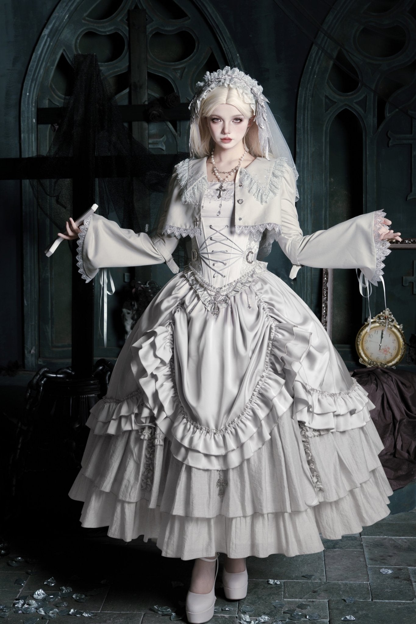 Bionic Humanoid Gothic Lolita Grey Silver Cross Corset Long SK Set - LolitaEra