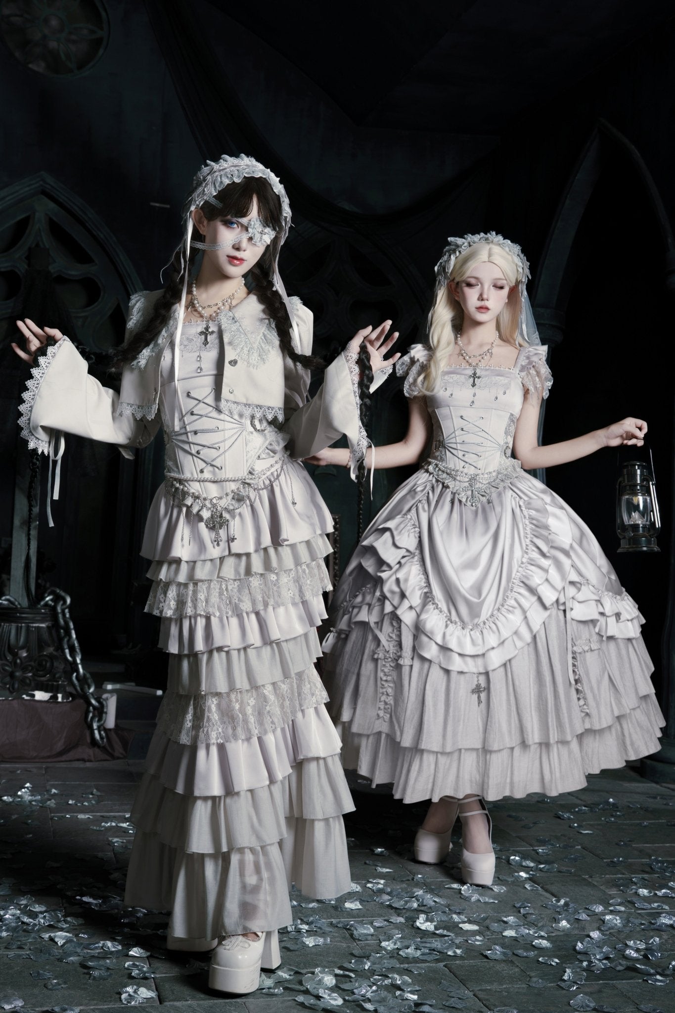 Bionic Humanoid Gothic Lolita Grey Silver Cross Corset Long SK Set - LolitaEra