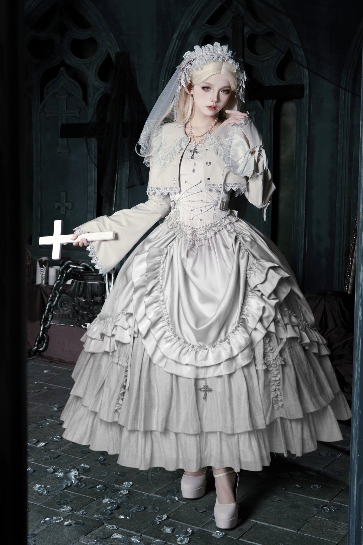 Bionic Humanoid Gothic Lolita Grey Silver Cross Corset Long SK Set - LolitaEra