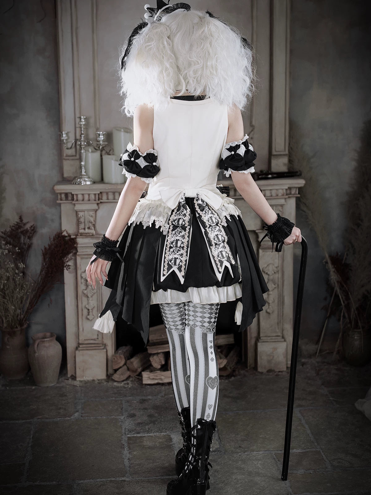 Black Candy Cane Stripe Circus Gothic Lolita Vest Skirt Full Set - LolitaEra