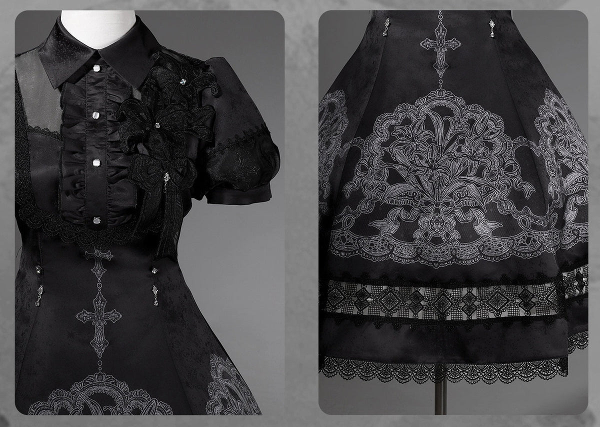 Black Lace Lily Gothic Classic Lolita OP Dress - LolitaEra