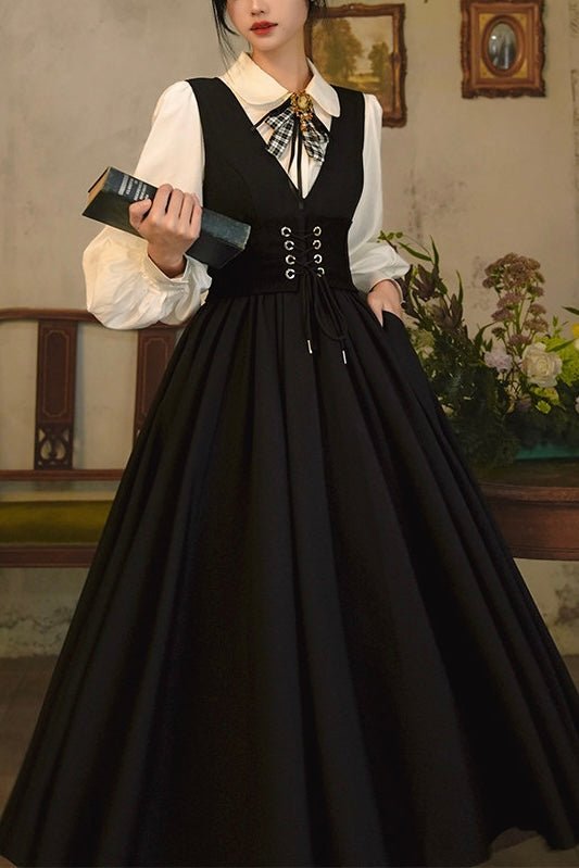 Black Swan French Vintage V - neck Dress 1267 - LolitaEraBlack SetSBlack Swan French Vintage V - neck Dress 1267