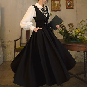 Black Swan French Vintage V - neck Dress 1267 - LolitaEraBlack SetSBlack Swan French Vintage V - neck Dress 1267