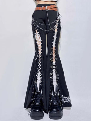 Black Tie Hollow Out Slim Flare Pants - LolitaEraBlack PantsSBlack Tie Hollow Out Slim Flare Pants