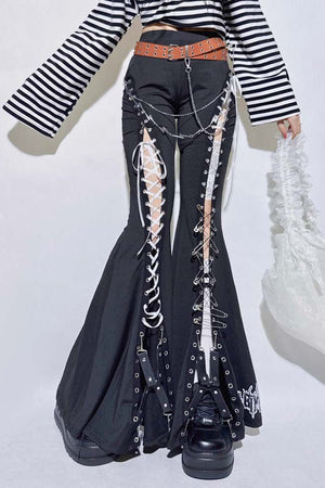 Black Tie Hollow Out Slim Flare Pants - LolitaEraBlack PantsSBlack Tie Hollow Out Slim Flare Pants