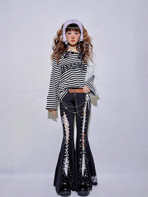 Black Tie Hollow Out Slim Flare Pants - LolitaEraBlack PantsSBlack Tie Hollow Out Slim Flare Pants