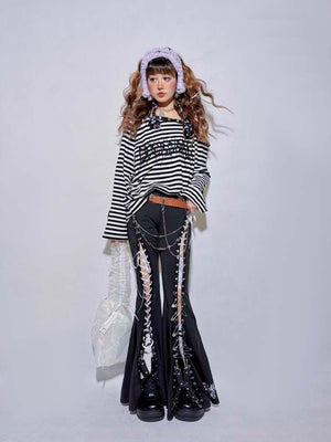 Black Tie Hollow Out Slim Flare Pants - LolitaEraBlack PantsSBlack Tie Hollow Out Slim Flare Pants