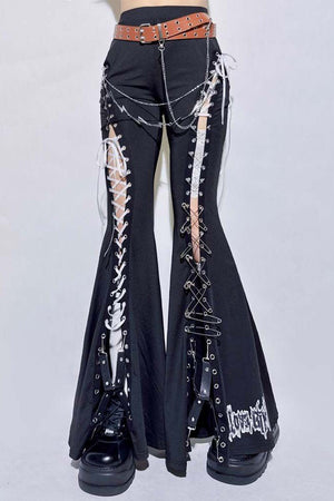 Black Tie Hollow Out Slim Flare Pants - LolitaEraBlack PantsSBlack Tie Hollow Out Slim Flare Pants