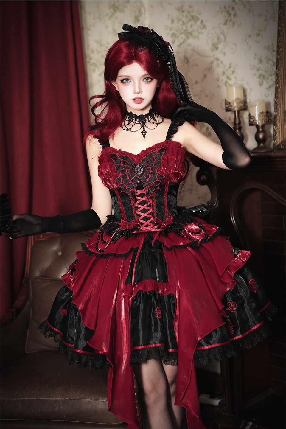Blood Butterfly Gothic Lolita Corset Dress Spider Web Lace-Up Irregular Hem - LolitaEra