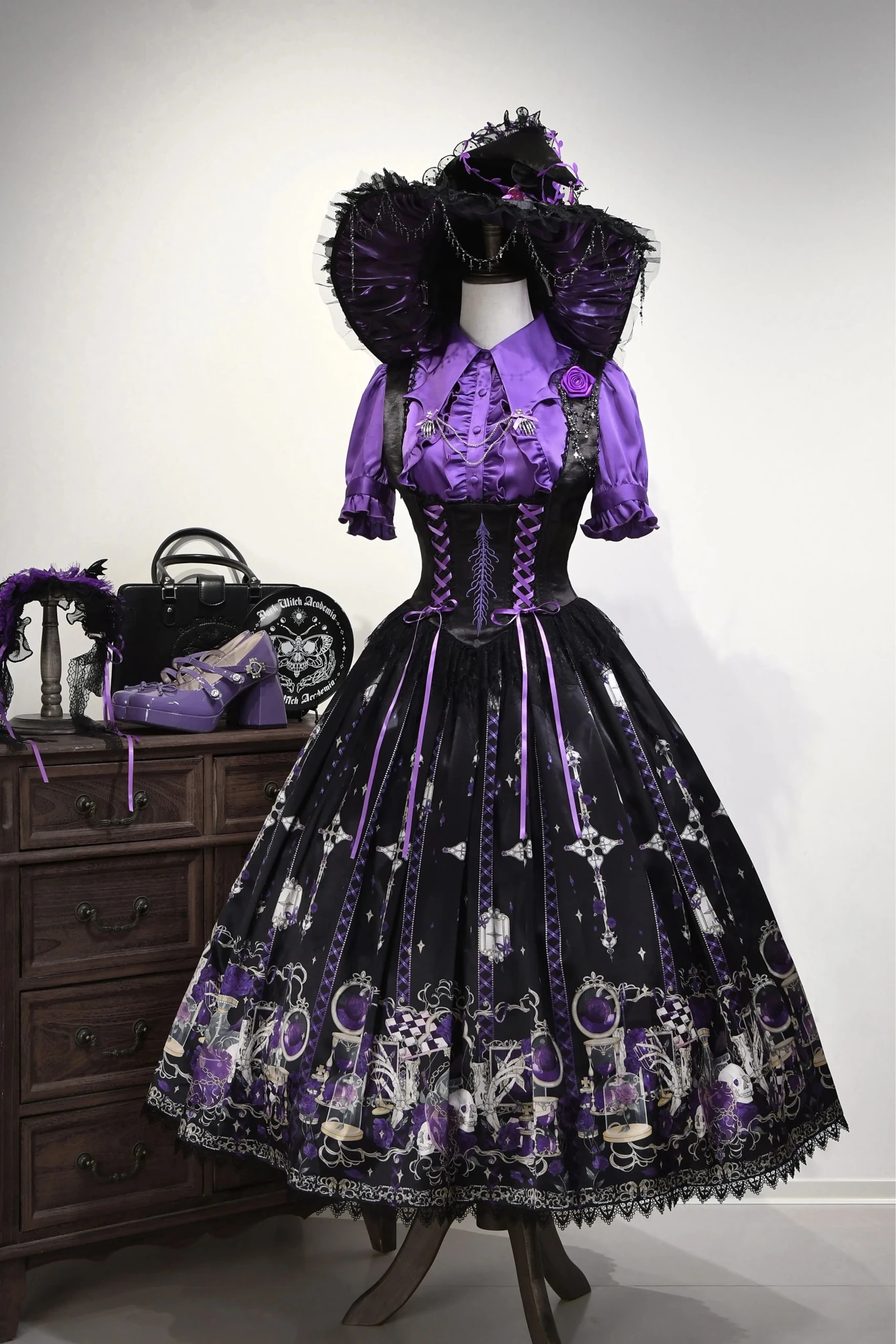 Blood Laboratory Purple Skull Potion Print Gothic Lolita Long JSK - LolitaEra
